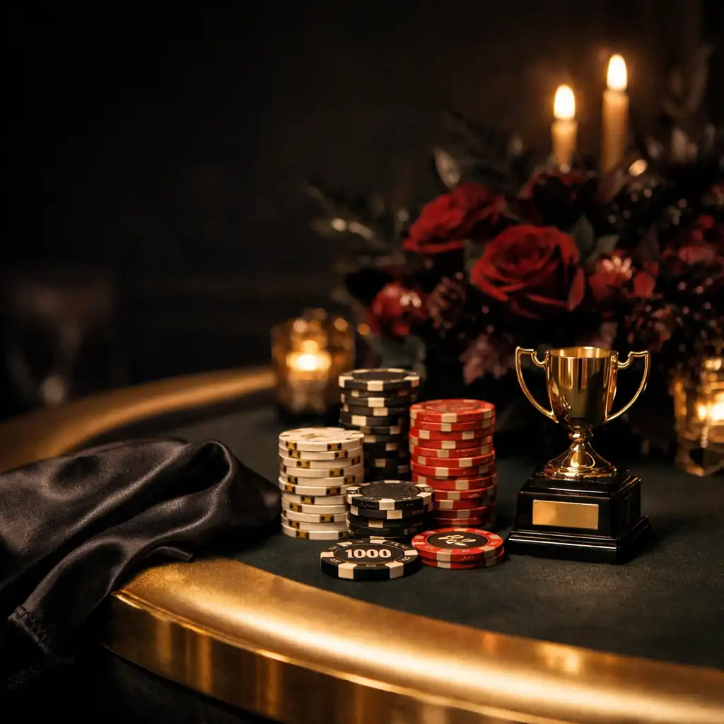 Egyedi trófea és tournament chipek egy elegáns születésnapi gála asztalán