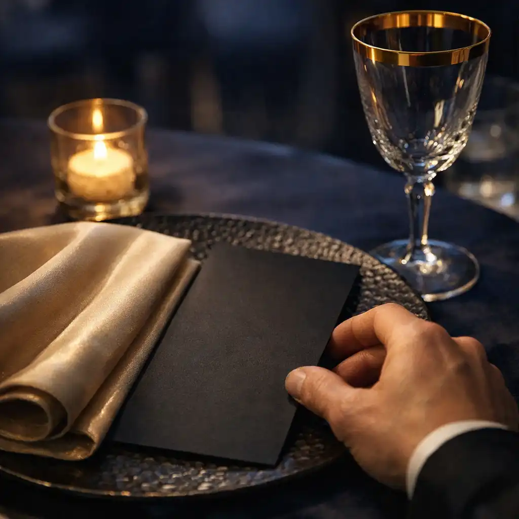 Kéz igazít egy elegáns, sötét tónusú asztali terítéket egy privát esemény előkészítésekor