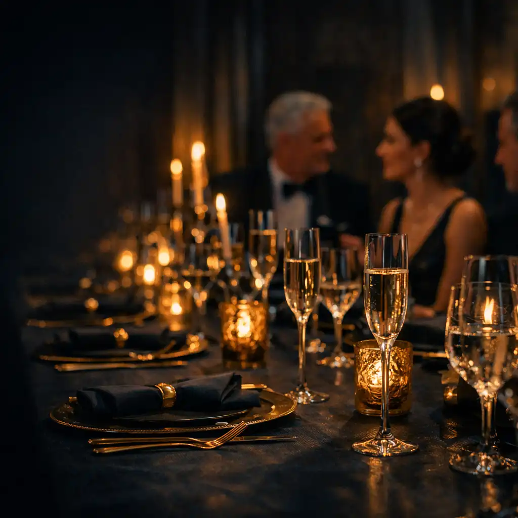 Elegáns, zártkörű vállalati vacsoraasztal meleg gyertyafénnyel