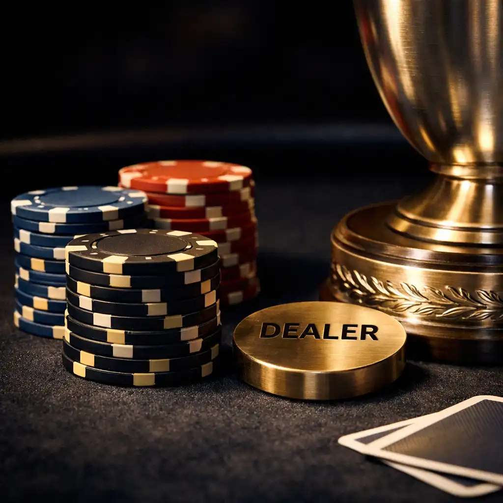 Tournament chipek és egyedi trófea részlete sötét pókerasztalon