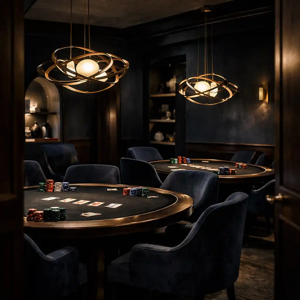 Sötét, elegáns privát card room előkészítve egy zártkörű eseményhez