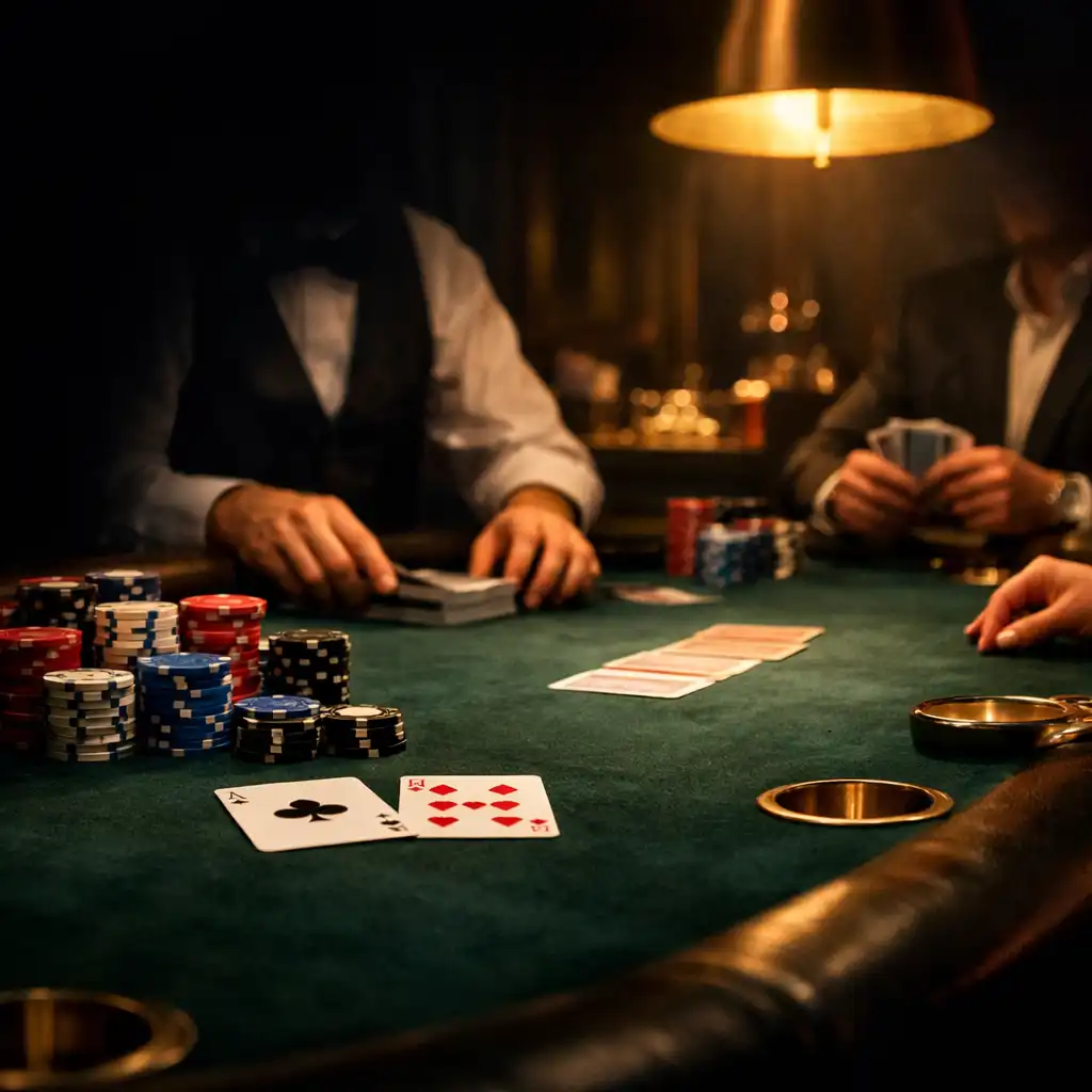 Zártkörű, elegáns pókerasztal tournament chipekkel és professzionális osztó kezével